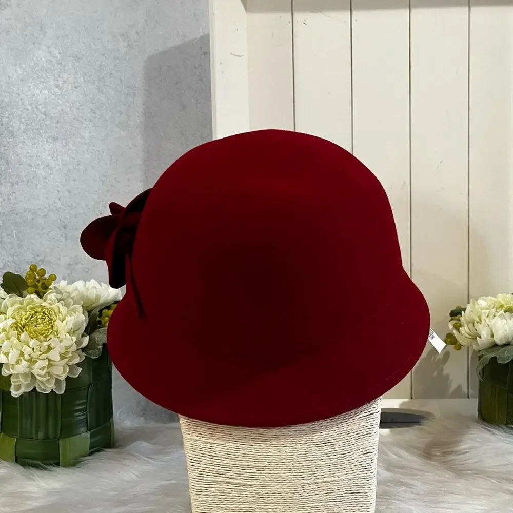 NEW Charter Club Wool Gatsby Cloche Bucket 1920’s Rose Winter Hat Red OS NWT